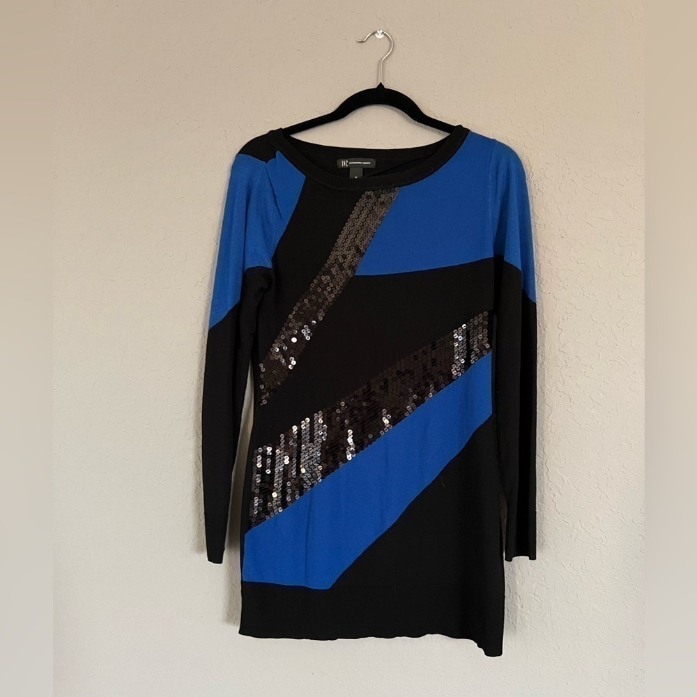 INC Women's Black And Blue Long Sleeve Rayon Top Sweater